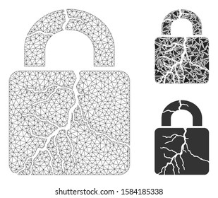 Mesh corrupted lock model with triangle mosaic icon. Wire carcass triangular mesh of corrupted lock. Vector mosaic of triangle elements in various sizes, and color shades.