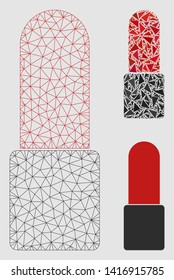 Mesh cosmetics model with triangle mosaic icon. Wire frame triangular mesh of cosmetics. Vector mosaic of triangle elements in various sizes and color tinges.