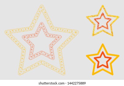 Mesh countour stars model with triangle mosaic icon. Wire carcass triangular mesh of countour stars. Vector mosaic of triangle elements in different sizes and color tinges.