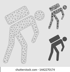 Mesh courier model with triangle mosaic icon. Wire carcass polygonal network of courier. Vector mosaic of triangle elements in various sizes and color tints.