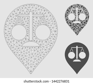 Mesh court map marker model with triangle mosaic icon. Wire carcass polygonal mesh of court map marker. Vector mosaic of triangle elements in various sizes and color tints.