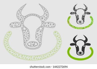 Mesh cow area model with triangle mosaic icon. Wire carcass triangular mesh of cow area. Vector mosaic of triangle elements in various sizes and color tinges. Abstract 2d mesh designed with triangles.