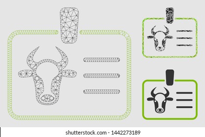 Mesh cow badge model with triangle mosaic icon. Wire carcass polygonal mesh of cow badge. Vector mosaic of triangle elements in various sizes and color tinges.