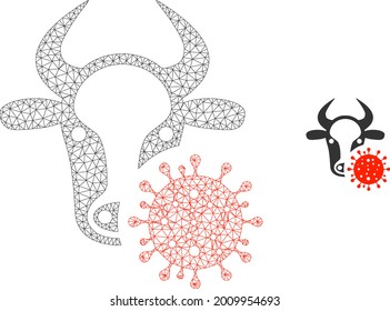 Mesh cow coronavirus model icon. Wire frame triangular mesh of vector cow coronavirus isolated on a white background. Abstract 2d mesh created from triangular lines and points.