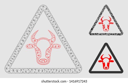 Mesh cow danger model with triangle mosaic icon. Wire carcass triangular mesh of cow danger. Vector mosaic of triangle parts in different sizes and color shades.