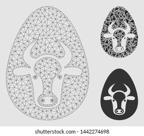 Mesh cow egg model with triangle mosaic icon. Wire frame triangular mesh of cow egg. Vector mosaic of triangle elements in different sizes and color tones.