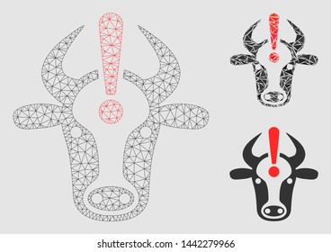Mesh cow error model with triangle mosaic icon. Wire carcass triangular mesh of cow error. Vector collage of triangle elements in variable sizes and color tinges.
