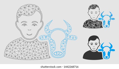 Mesh cow farmer model with triangle mosaic icon. Wire frame polygonal mesh of cow farmer. Vector mosaic of triangle parts in variable sizes and color shades.