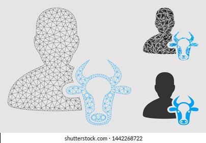 Mesh cow farmer model with triangle mosaic icon. Wire frame triangular mesh of cow farmer. Vector mosaic of triangle elements in variable sizes and color hues.