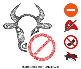 Mesh cow forbidden web symbol vector illustration. Carcass model is based on cow forbidden flat icon. Network forms abstract cow forbidden flat carcass.