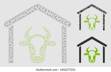 Mesh cow garage model with triangle mosaic icon. Wire frame polygonal mesh of cow garage. Vector mosaic of triangle elements in variable sizes and color tones.