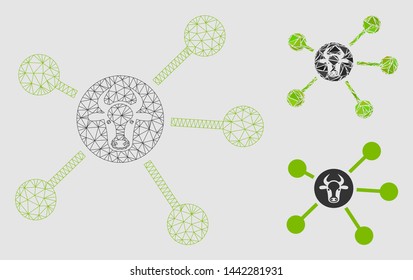 Mesh cow links model with triangle mosaic icon. Wire frame polygonal mesh of cow links. Vector mosaic of triangle parts in variable sizes and color tones.