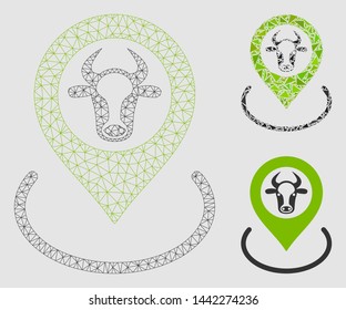 Mesh cow location model with triangle mosaic icon. Wire frame triangular mesh of cow location. Vector mosaic of triangle elements in different sizes and color tints.
