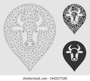Mesh cow map pointer model with triangle mosaic icon. Wire carcass polygonal mesh of cow map pointer. Vector mosaic of triangles in variable sizes and color tints.