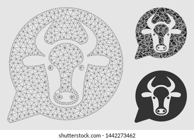 Mesh cow message balloon model with triangle mosaic icon. Wire carcass polygonal mesh of cow message balloon. Vector mosaic of triangle elements in different sizes and color tinges.