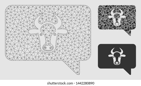 Mesh cow message model with triangle mosaic icon. Wire frame polygonal mesh of cow message. Vector mosaic of triangle parts in variable sizes and color hues.