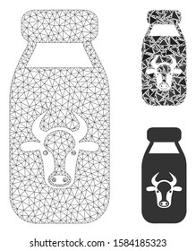 Mesh cow milk model with triangle mosaic icon. Wire carcass polygonal mesh of cow milk. Vector mosaic of triangle elements in different sizes, and color shades. Abstract 2d mesh cow milk,