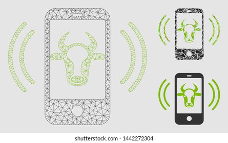 Mesh cow mobile control model with triangle mosaic icon. Wire frame triangular mesh of cow mobile control. Vector composition of triangle elements in different sizes and color hues.