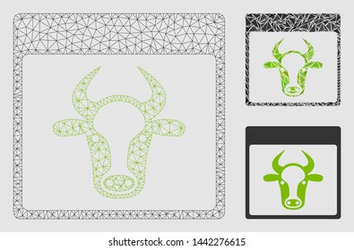 Mesh cow page model with triangle mosaic icon. Wire carcass polygonal mesh of cow page. Vector mosaic of triangle elements in various sizes and color tinges.