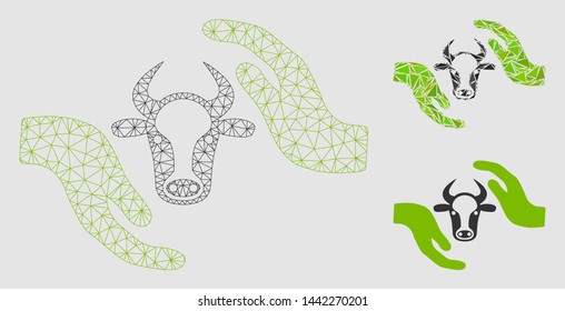 Mesh cow protection hands model with triangle mosaic icon. Wire frame polygonal mesh of cow protection hands. Vector mosaic of triangle elements in various sizes and color hues.