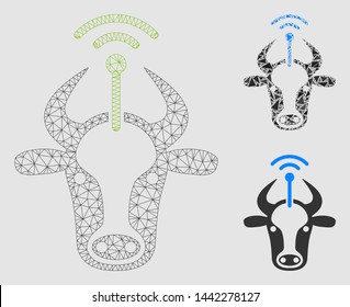 Mesh cow radio transmitter model with triangle mosaic icon. Wire frame polygonal mesh of cow radio transmitter. Vector mosaic of triangle elements in various sizes and color hues.