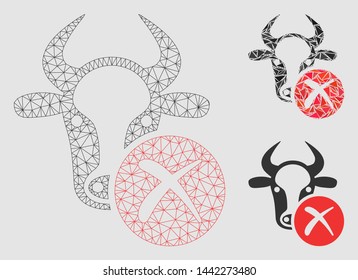 Mesh cow reject model with triangle mosaic icon. Wire frame triangular mesh of cow reject. Vector mosaic of triangle parts in various sizes and color tones.