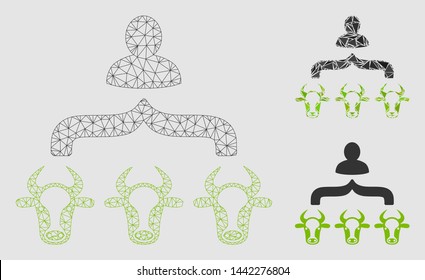 Mesh cow shepherd model with triangle mosaic icon. Wire frame polygonal mesh of cow shepherd. Vector composition of triangle parts in different sizes and color tones.