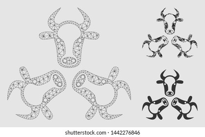 Mesh cow trinity model with triangle mosaic icon. Wire frame triangular mesh of cow trinity. Vector composition of triangle elements in various sizes and color hues.