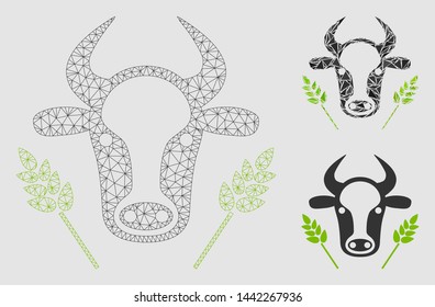Mesh cow and wheat agriculture model with triangle mosaic icon. Wire frame polygonal mesh of cow and wheat agriculture. Vector composition of triangle elements in variable sizes and color shades.