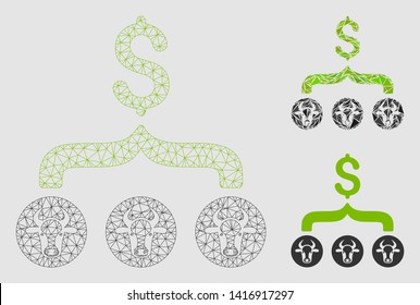 Mesh cows result dollar model with triangle mosaic icon. Wire frame polygonal mesh of cows result dollar. Vector composition of triangle elements in various sizes and color hues.