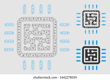 Mesh CPU circuit model with triangle mosaic icon. Wire carcass triangular network of CPU circuit. Vector mosaic of triangle parts in various sizes and color tinges.