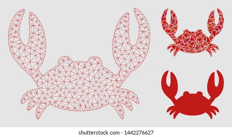 Mesh crab model with triangle mosaic icon. Wire frame triangular mesh of crab. Vector mosaic of triangle parts in different sizes and color tints. Abstract flat mesh designed with triangular lines.