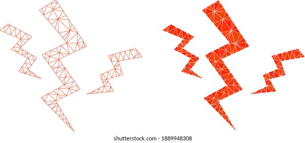 Mesh crack strikes polygonal icon illustrations, filled and carcass versions. Vector net mesh crack strikes icons. Wire carcass and filled flat network abstract images based on crack strikes icon.