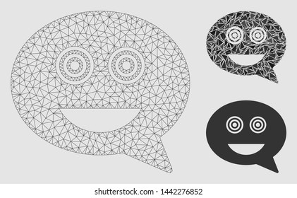 Mesh crazy smiley message model with triangle mosaic icon. Wire carcass triangular network of crazy smiley message. Vector composition of triangle elements in various sizes and color shades.