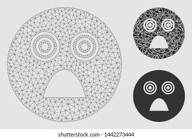 Mesh crazy smiley model with triangle mosaic icon. Wire frame polygonal mesh of crazy smiley. Vector mosaic of triangle parts in various sizes and color tints.