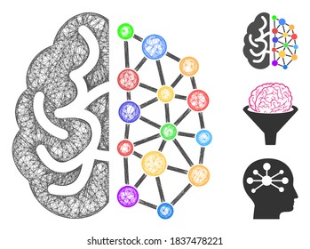 Mesh creative brain polygonal web symbol vector illustration. Carcass model is created from creative brain flat icon. Triangular mesh forms abstract creative brain flat model.
