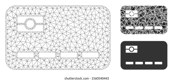 Mesh credit card model with triangle mosaic icon. Wire frame triangular mesh of credit card. Vector mosaic of triangle elements in different sizes, and color shades. 