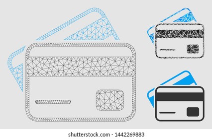 Mesh credit cards model with triangle mosaic icon. Wire frame polygonal network of credit cards. Vector mosaic of triangle parts in different sizes and color tones.