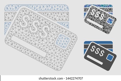 Mesh credit cards model with triangle mosaic icon. Wire carcass triangular mesh of credit cards. Vector collage of triangle elements in various sizes and color hues.
