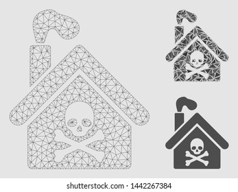 Mesh crematory building model with triangle mosaic icon. Wire frame polygonal network of crematory building. Vector mosaic of triangle elements in different sizes and color tinges.