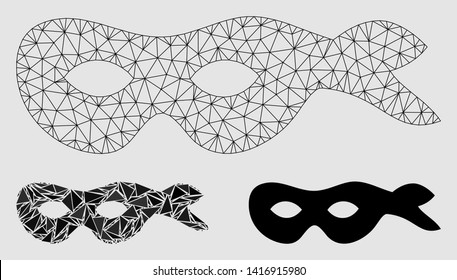 Mesh crime mask model with triangle mosaic icon. Wire frame triangular mesh of crime mask. Vector collage of triangle elements in different sizes and color tones.