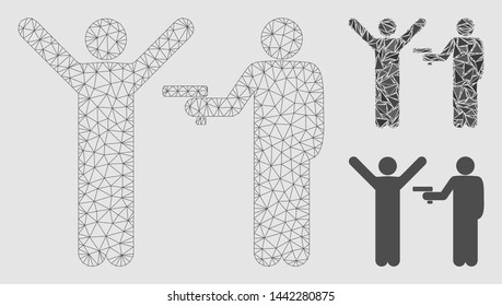 Mesh crime robbery model with triangle mosaic icon. Wire carcass triangular mesh of crime robbery. Vector collage of triangle parts in different sizes and color hues.