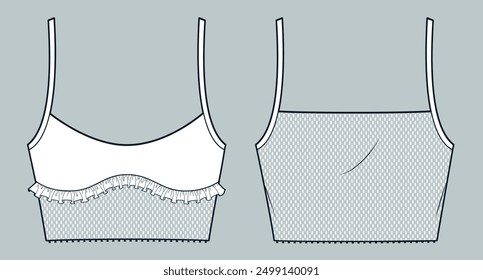 Mesh Crop Top technical fashion illustration. Sports Bra fashion flat technical drawing template, strap, ruffle, front and back view, white, women CAD mockup.