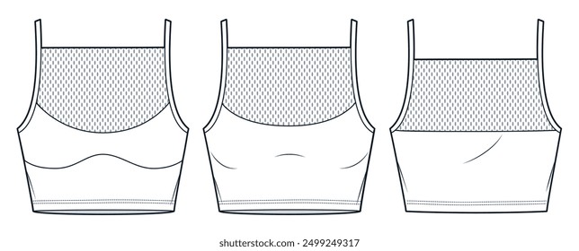 Mesh Recortar Ilustración de moda técnica superior. Sujetador deportivo de moda plana técnica Plantilla de dibujo, correa, vista frontal y posterior, blanco, mujeres CAD conjunto de maquetas.