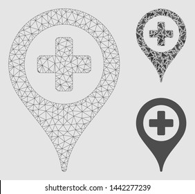 Mesh cross map marker model with triangle mosaic icon. Wire frame polygonal mesh of cross map marker. Vector mosaic of triangle parts in variable sizes and color tinges.