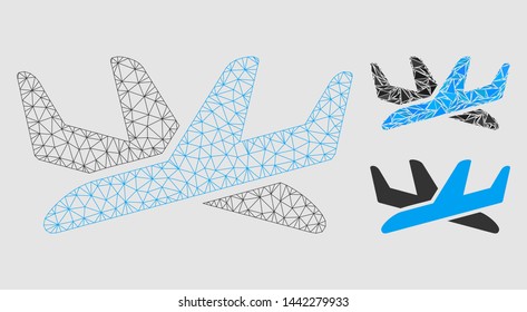 Mesh crossing airplanes model with triangle mosaic icon. Wire carcass triangular mesh of crossing airplanes. Vector mosaic of triangles in various sizes and color hues.