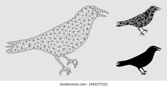 Mesh crow model with triangle mosaic icon. Wire carcass triangular network of crow. Vector mosaic of triangle elements in different sizes and color tinges.