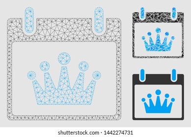 Mesh crown calendar day model with triangle mosaic icon. Wire frame triangular network of crown calendar day. Vector mosaic of triangle parts in various sizes and color tones.