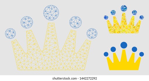 Mesh crown model with triangle mosaic icon. Wire carcass triangular network of crown. Vector mosaic of triangle elements in variable sizes and color tones.