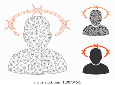 Mesh crown of thorns model with triangle mosaic icon. Wire frame polygonal mesh of crown of thorns. Vector mosaic of triangle parts in variable sizes, and color tinges.
